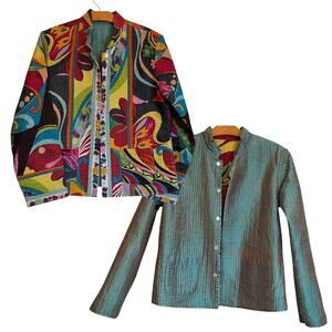 Reversible Double Sided Floral Quilted Jacket Blue Pearlescent Iridescent Coat